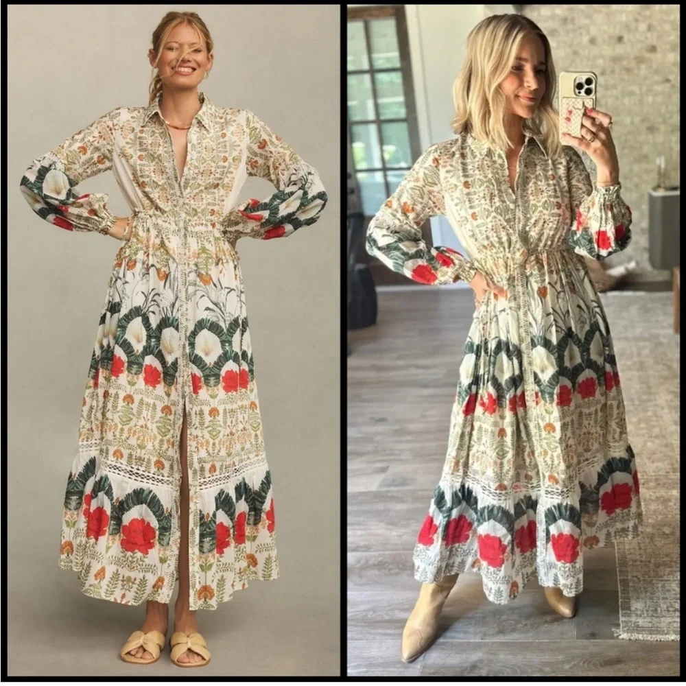 Anthropologie Button Down Eleanora Maxi ShirtDress Botanical Motif XL Needs TLC - Picture 2 of 6
